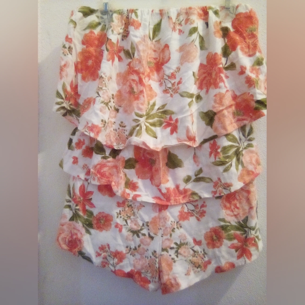 DO+BE Vibrant Orange and Green Romper with Cascading Ruffles Size S Rayon Linen